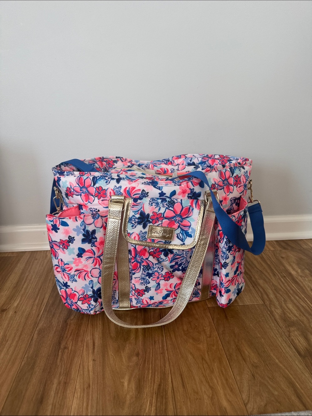 Lilly Pulitzer Pink & Blue Floral Travel Tote with Gold Accents